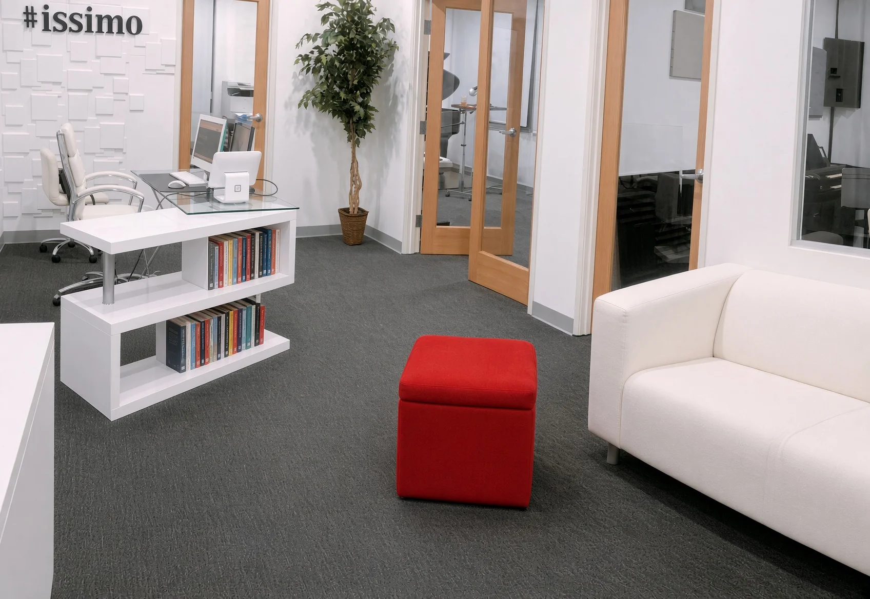 Lobby desk, Square stand, and books
